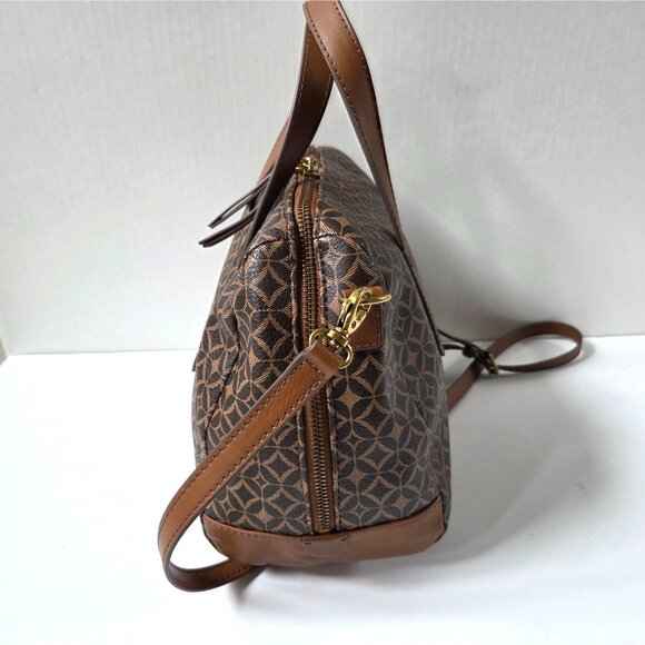 Fossil Sydney Brown Geometric Coated Canvas Satchel Crossbody Bag Boho Preppy - Picture 7 of 12